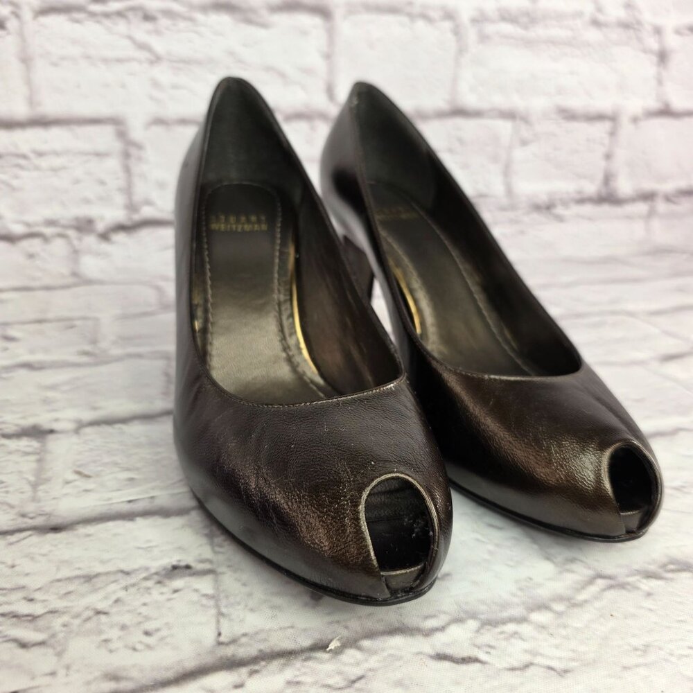 Stuart Weitzman Womens Shoes Sz 8 Cafe Pearl Leather Peep Toe High Heel Pumps - Picture 4 of 13